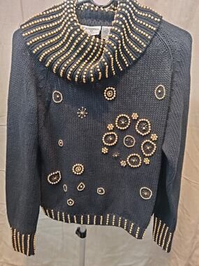 Vintage Donagain Sweater Women's Size Small Beaded Gold Black Cowl Neck